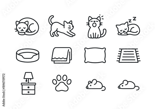 Sleepy Cat Icons. Sleepy Cat Scenes. Line icon set of Sleepy Cat