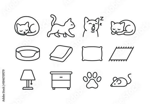 Sleepy Cat Icons. Sleepy Cat Scenes. Line icon set of Sleepy Cat