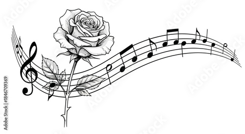 Melodic harmony between the rose and music notes creates a beautiful artwork