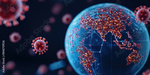 Vaccines virus distribution concept. Digital illustration of a globe surrounded by virus imagery.