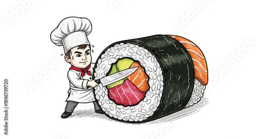 Tiny chef diligently slices a colossal sushi roll with focused determination and beads of sweat