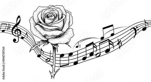Elegant rose entwined with musical notes creating a symphony of nature and art