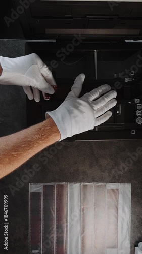 Scanning a roll of analog film at the lab with white gloves