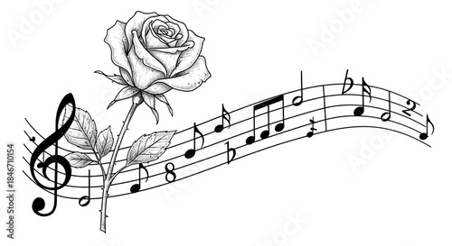 Floral Harmony: A musical rose sketch intertwining nature and classical melody elements