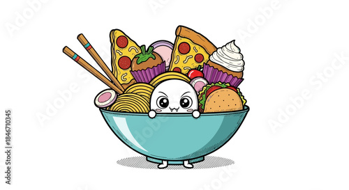 Cartoon bowl overflowing with fast food and sweets creates a whimsical culinary illustration