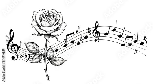 Elegant hand-drawn rose entwined with musical notes in a flowing composition