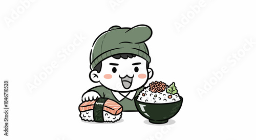 Cheerful cartoon boy enjoying a delicious meal of sushi and rice bowl illustration