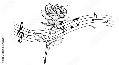 Rose and music notes illustration: A blend of nature's beauty and musical harmony
