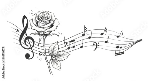 Floral symphony: A monochrome rose intermingles with musical notes creating a visual harmony
