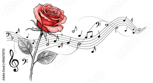 Romantic symphony: A blooming rose harmonizing with musical notes in artistic illustration