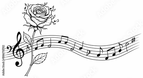 Elegant symphony of flora and rhythm, an artistic fusion of music and nature elements in black and