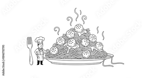Whimsical black and white illustration of spaghetti and meatballs with a chef character