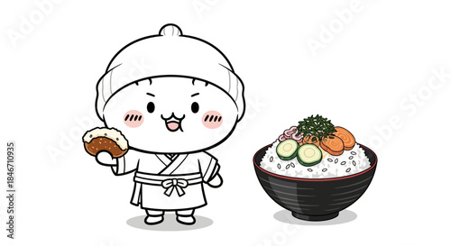 Delightful culinary companion featuring a charming character holding food next to gourmet rice bowl
