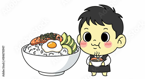 Cheerful cartoon diner guy presenting a rice bowl with egg and salmon delight