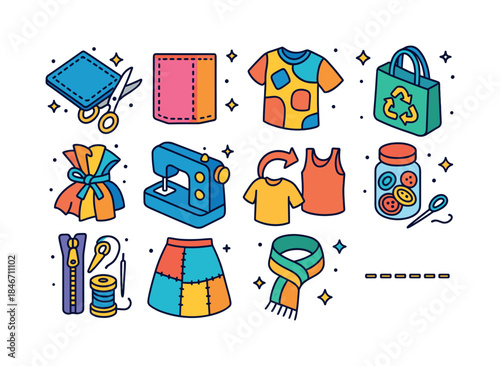 Upcycled Fashion Icons. upcycling fashion. Colorful isometric ve