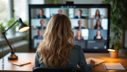 Woman attends hybrid meeting online seeing colleagues on screen. People connect via video call for remote work collaboration. Team discusses project on virtual conference platform. Modern business