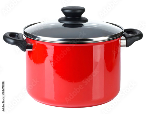 Shiny red cooking pot with glass lid, black handles