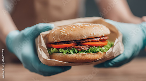 Close up shot of gloved hands gently offering warm burger with fresh lettuce and tomato in sesame seed bun, creating delicious and inviting meal experience