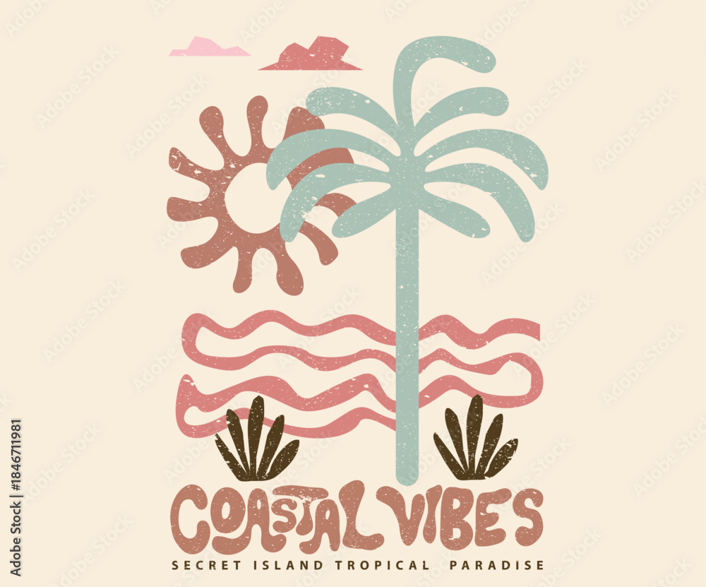 Naklejka premium Coastal vibes. Abstract palm tree and surfboard art. Summer good vibes vector graphic design for apparel, stickers, posters, background and others. Live in the sunshine.