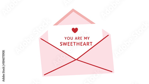 Minimalist pink envelope with red heart accent and sweetheart message inside