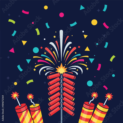 A colorful digital illustration of a firework explosion with confetti and three firecrackers on a dark blue background. Perfect for celebrations, party decorations, and festive designs.