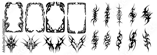 Set of tribal tattoos with frame and borders vector illustration