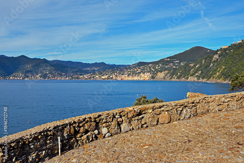 Panoramic view of Camogli and Punta Chiappa, in Liguria, Italy
