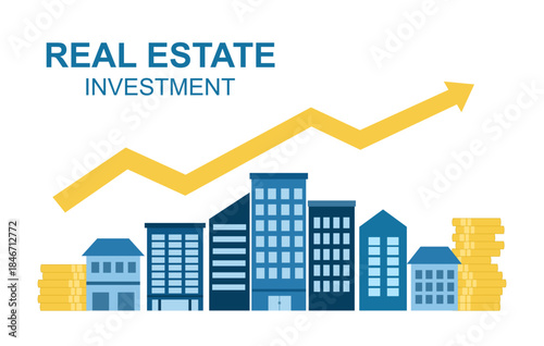 Real estate investing business concept. City buildings, coins stacks on growth green arrow background. Hand drawn vector sketch illustration. Poster, banner design template