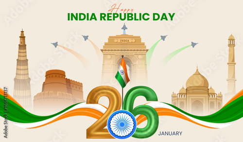 India Republic Day Celebration Banner with Famous indian Monuments and Tricolor Ribbon