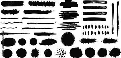 A set of artistic black brush strokes and ink elements for design projects