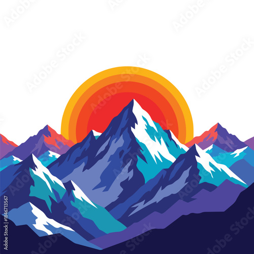 A colorful digital illustration of a mountain range with snow-capped peaks, set against a vibrant sunset background with warm orange and yellow hues. Perfect for presentations, travel
