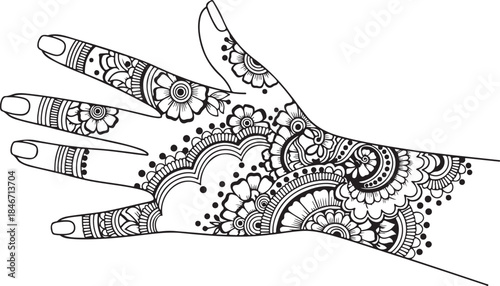 Illustration of henna tattoo design on a hand with fingers and wrist