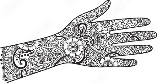 Illustration of intricately designed henna tattooed hand with floral patterns