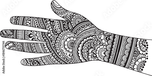 Illustration of henna tattooed hand with intricate circular patterns and designs