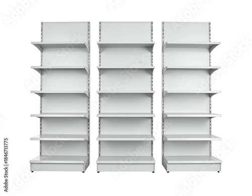 Three empty white shelves of varying heights stand aligned