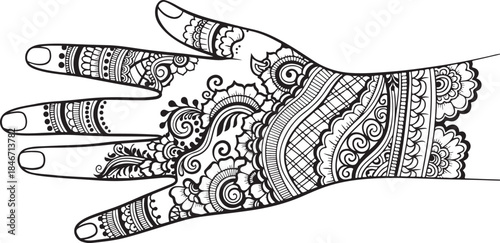 Illustration of henna tattooed hand with intricate designs and patterns on the palm and fingers