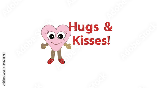 A whimsical smiling heart shaped pink character expressing affection with hugs and kisses in a playful digital