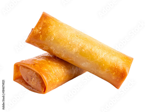 Two golden, crisp spring rolls on a dark background
