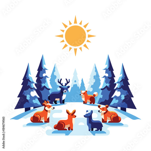 A digital illustration of a group of deer and a stag in a snowy forest clearing under a sunny sky. Perfect for children's books, educational materials, and wildlife presentations.