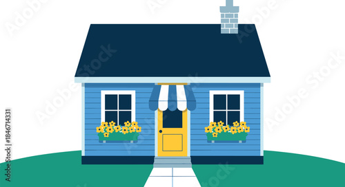 Charming Blue Cottage House Vector Illustration with Yellow Door, Striped Awning, and Flower Boxes for Real Estate and Home Sweet Home Themes