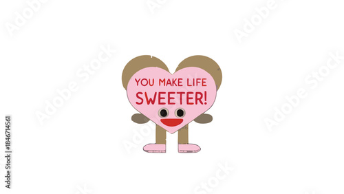 Whimsical smiling pink heart character with gold glitch effect and sweet message