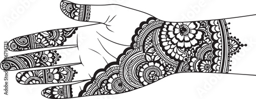 Illustration of henna tattoo design on a hand with floral and geometric patterns on fingers and wrist