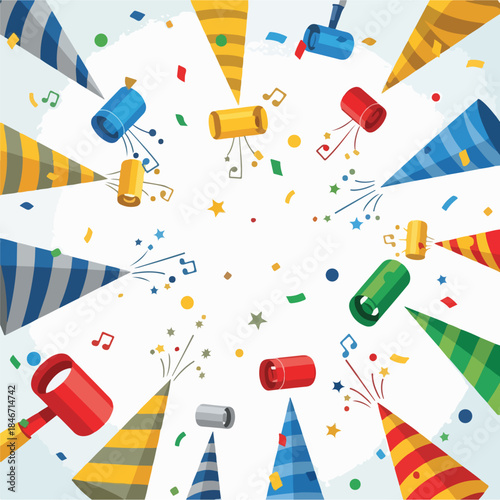 A colorful digital illustration of party horns and confetti arranged in a circular pattern on a white background. Perfect for celebrations, invitations, and party decorations.