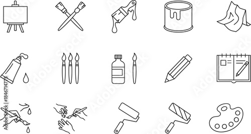 Art and Painting Icons Set Vector Outline Graphic Easel Paintbrush Palette Pencil Sketchbook Paint Can Tube Roller Creative Hobby Supplies