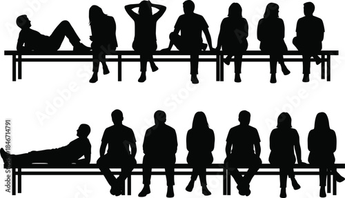 Bench silhouette, seated people, posture contrast, black vector, minimal design, social behavior, body language, relaxed pose, symmetry, lifestyle, sitting figures, silhouette art, public space,