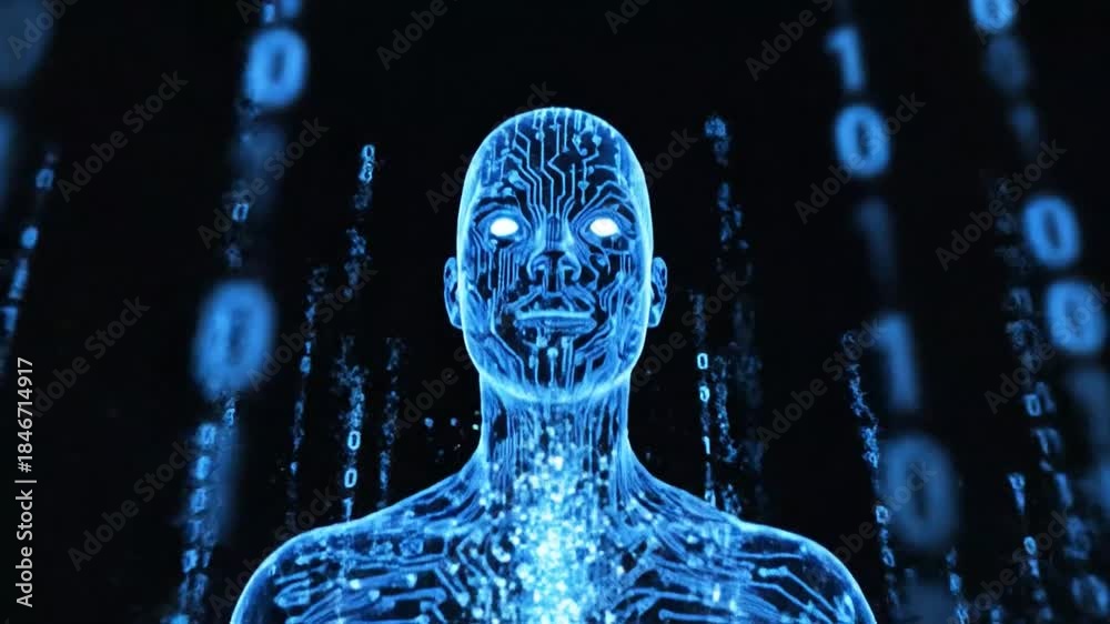 Humanoid form composed of glowing blue circuit board patterns and ...