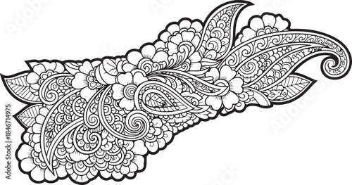 Illustration of intricate black and white henna design on for coloring book