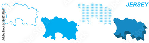 Jersey Map Vector Set, Europe Outline Silhouette Dotted 3D Solid Shapes, Jersey Island Infographic Template, Editable EPS Jersey Geography