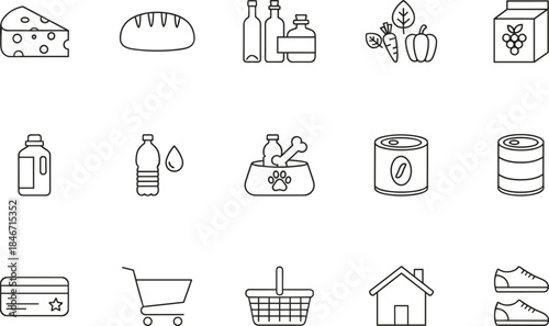 Grocery and Shopping Icons Set Vector Outline Graphic Food Cheese Bread Vegetables Milk Water Pet Food Cans Credit Card Cart Basket Retail