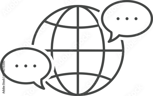 Global Communication Icon Line Vector Globe World Map with Speech Bubbles International Chat Language Translation Worldwide Social Media Networking Graphic